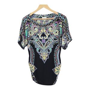 ECI New York Women's Black Paisley Print Beaded Split Sleeve Top Size M Ruched